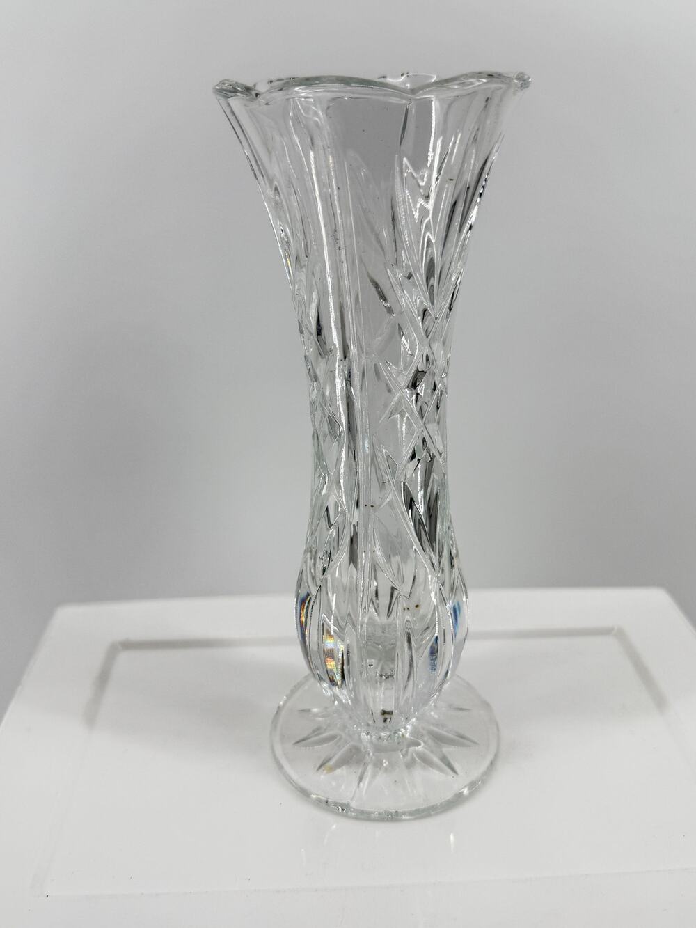 Vintage Heavy Cut Glass Vase Flared Trumpet Footed Diamond Pattern Clear 8 In